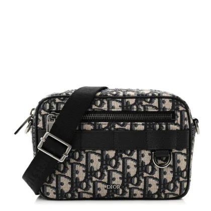 DIOR MINI SAFARI MESSENGER NAVY BLUE OBLIQUE CANVAS SILVER HARDWARE