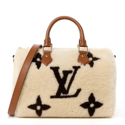 LOUIS VUITTON SPEEDY BANDOULI??RE 25 CREAM/BROWN MONOGRAM CANVAS & SHEARLING GOLD HARDWARE