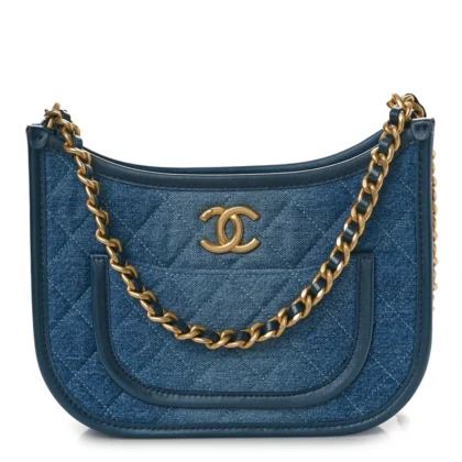 CHANEL HOBO MEDIUM BLUE QUILTED WASHED DENIM AGED GOLD HARDWARE