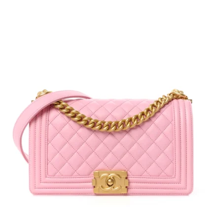 CHANEL BOY FLAP MEDIUM LIGHT PINK QUILTED CALFSKIN LEATHER AGED GOLD HARDWARE
