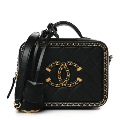 CHANEL CC FILIGREE VANITY CASE SMALL BLACK QUILTED GOATSKIN LEATHER GOLD HARDWARE