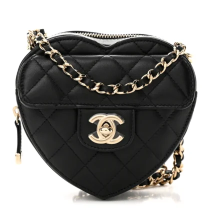 CHANEL CC IN LOVE HEART CLUTCH WITH CHAIN SMALL BLACK QUILTED LAMBSKIN LEATHER LIGHT GOLD HARDWARE