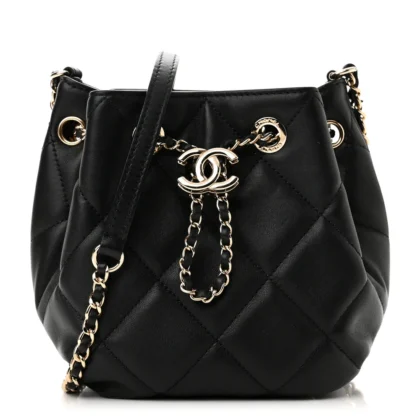 CHANEL CC DWELLER DRAWSTRING BUCKET SMALL BLACK QUILTED LAMBSKIN LEATHER LIGHT GOLD HARDWARE