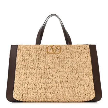 VALENTINO GARAVANI MEDIUM VLOGO TOTE NATURALE/FONDANT RAFFIA & CALFSKIN LEATHER GOLD HARDWARE