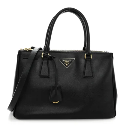PRADA SMALL GALLERIA DOUBLE ZIP TOTE BLACK SAFFIANO LEATHER BRASS HARDWARE