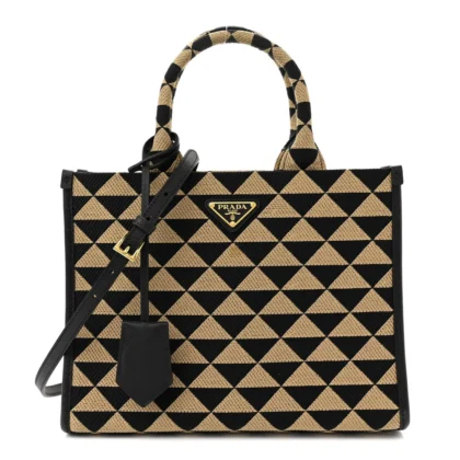 PRADA SMALL TRIANGOLO SYMBOLE EMBROIDERED TOTE BLACK AND CORDA JACQUARD SAFFIANO LEATHER GOLD HARDWARE
