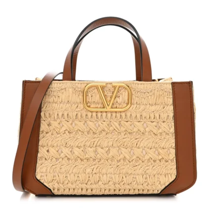 VALENTINO GARAVANI SMALL VLOGO SIGNATURE TOTE NATURAL/SADDLE BROWN RAFFIA & CALFSKIN LEATHER GOLD HARDWARE