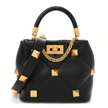 VALENTINO GARAVANI SMALL ROMAN STUD THE HANDLE BAG BLACK NAPPA LEATHER GOLD HARDWARE
