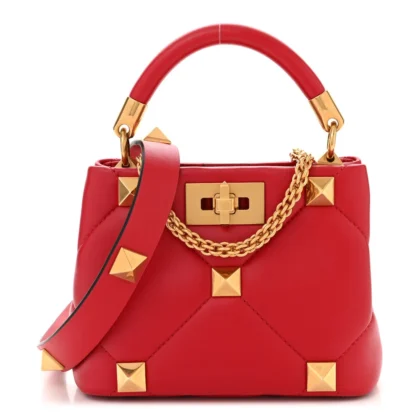 VALENTINO GARAVANI SMALL ROMAN STUD THE HANDLE BAG ROUGE PUR NAPPA LEATHER GOLD HARDWARE