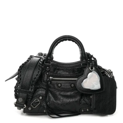 BALENCIAGA XS NEO CAGOLE HANDBAG BLACK AGNEAU ARENA LEATHER SILVER HARDWARE