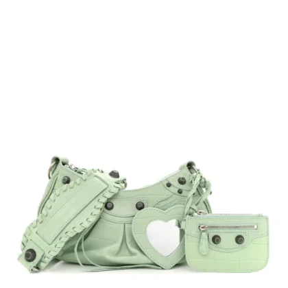 BALENCIAGA XS LE CAGOLE SHOULDER BAG LIGHT GREEN CROCODILE EMBOSSED EXTRA SUPPLE CALFSKIN LEATHER BLACK HARDWARE