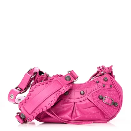 BALENCIAGA XS LE CAGOLE SHOULDER BAG LIPSTICK PINK CROCODILE EXTRA EMBOSSED SUPPLE CALFSKIN LEATHER SILVER HARDWARE