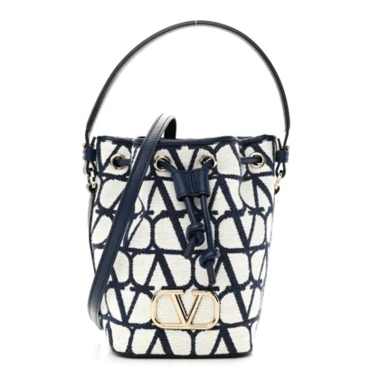 VALENTINO GARAVANI MINI VLOGO SIGNATURE BUCKET BAG WHITE/WORKER TOILE ICONOGRAPHE NAPPA LEATHER GOLD HARDWARE