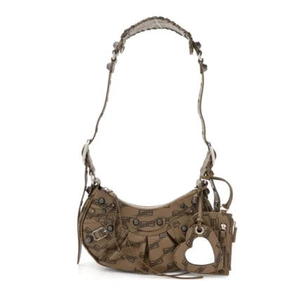 BALENCIAGA XS LE CAGOLE SHOULDER BAG BEIGE/BROWN COATED CANVAS BB MONOGRAM SILVER HARDWARE