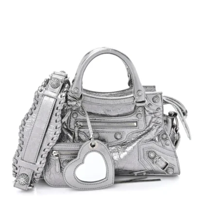 BALENCIAGA XS CRYSTAL NEO CAGOLE HANDBAG SILVER AGNEAU ARENA LEATHER SILVER HARDWARE