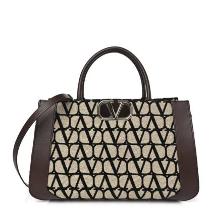 VALENTINO GARAVANI MEDIUM VLOGO TOTE NATURALE/BLACK/FONDANT TOILE ICONOGRAPHE CALFSKIN LEATHER
