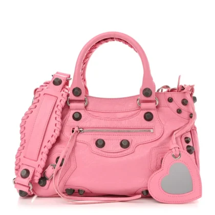 BALENCIAGA MINI NEO CAGOLE SHOULDER BAG CANDY PINK AGNEAU ARENA LEATHER SILVER HARDWARE