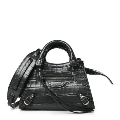 BALENCIAGA MINI NEO CLASSIC CITY BAG DARK GREY CROCODILE EMBOSSED CALFSKIN LEATHER SILVER HARDWARE