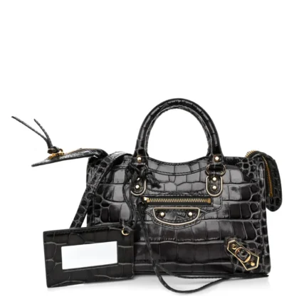 BALENCIAGA NANO CITY BAG DARK GREY CROCODILE EMBOSSED CALFSKIN LEATHER GOLD HARDWARE