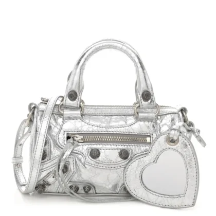 BALENCIAGA CRYSTAL NEO NANO CAGOLE HANDBAG SILVER AGNEAU ARENA LEATHER SILVER HARDWARE