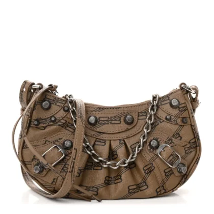 BALENCIAGA BB LE CAGOLE MINI PURSE WITH CHAIN BEIGE/BROWN COATED CANVAS MONOGRAM SILVER HARDWARE