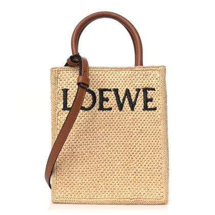 LOEWE A5 TOTE BAG STANDARD SMALL NATURAL/BLACK RAFFIA & CALFSKIN LEATHER