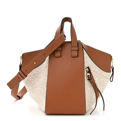 LOEWE ANAGRAM HAMMOCK SHOULDER BAG SMALL ECRU/TAN CALFSKIN LEATHER & CANVAS GOLD HARDWARE