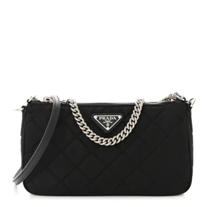 PRADA SMALL CROSSBODY BAG BLACK QUILTED NYLON TESSUTO IMPUNTU SILVER HARDWARE