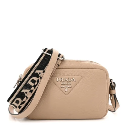 PRADA SMALL CAMERA CROSSBODY BAG SAND VITELLO DAINO LEATHER SILVER HARDWARE