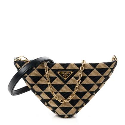 PRADA MINI TRIANGOLO SYMBOLE EMBROIDERED TRIANGLE DOUBLE BAG BLACK/CORDA JACQUARD CALFSKIN LEATHER GOLD HARDWARE