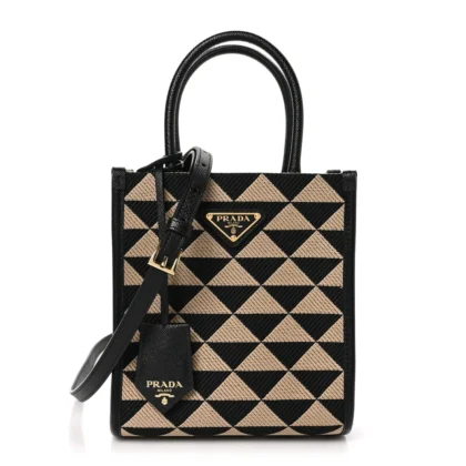 PRADA MINI TRIANGOLO SYMBOLE EMBROIDERED TOTE BAG BLACK/CORDA JACQUARD SAFFIANO LEATHER GOLD HARDWARE
