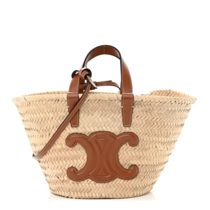 CELINE LARGE TRIOMPHE TEEN PANIER TAN RAFFIA & CALFSKIN LEATHER GOLD HARDWARE