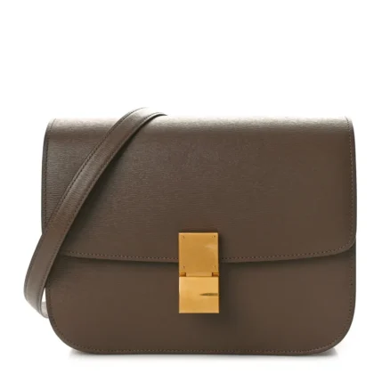 CELINE MEDIUM CLASSIC BOX FLAP BAG GLAZED NUT LIEGE CALFSKIN LEATHER GOLD HARDWARE