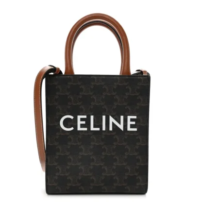 CELINE MINI VERTICAL CABAS TAN TRIOMPHE CANVAS & CALFSKIN LEATHER GOLD HARDWARE