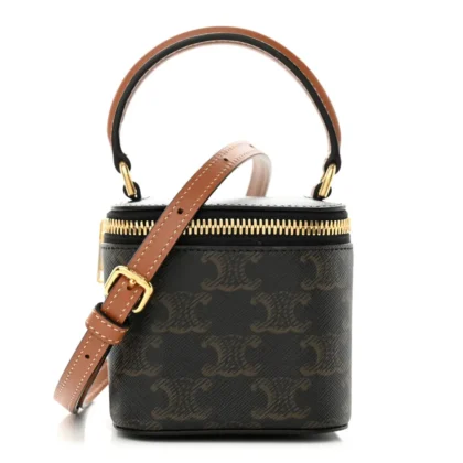 CELINE MINI VANITY CASE TAN TRIOMPHE CANVAS & CALFSKIN LEATHER GOLD HARDWARE