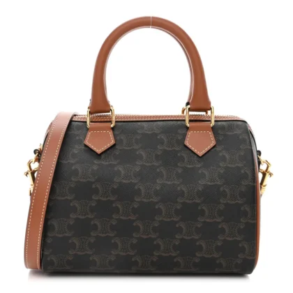 CELINE SMALL BOSTON BAG TAN TRIOMPHE CANVAS & CALFSKIN LEATHER