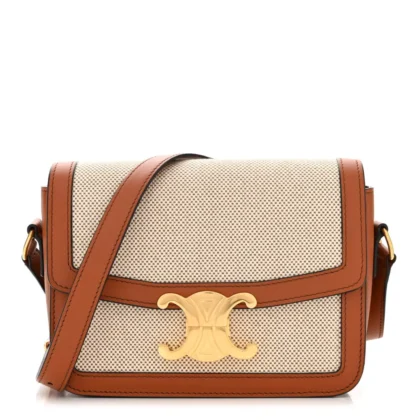 CELINE SMALL TEEN TRIOMPHE BAG WHITE/TAN TEXTILE & NATURAL CALFSKIN LEATHER GOLD HARDWARE