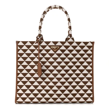 PRADA LARGE TRIANGOLO SYMBOLE EMBROIDERED TOTE TOBACCO/TALCO JACQUARD SAFFIANO LEATHER