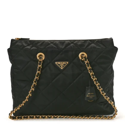 PRADA LARGE IMPUNTU TRIANGLE STITCHED RE-EDITION 1995 CHAINE SHOULDER BAG BLACK RE-NYLON & SAFFIANO LEATHER