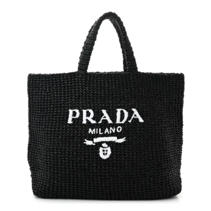PRADA LARGE EFFECT CROCHET LOGO TOTE BAG BLACK YARN RAFFIA