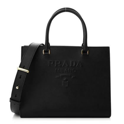 PRADA MEDIUM LUX LOGO EMBOSSED SHOULDER TOTE HANDBAG BLACK SAFFIANO LEATHER