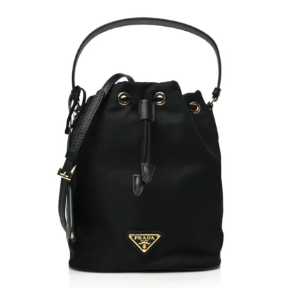 PRADA MINI RE-EDITION 1978 BUCKET BAG BLACK RE-NYLON & SAFFIANO LEATHER GOLD HARDWARE
