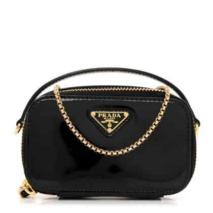 PRADA MINI METAL TRIANGLE LOGO POUCH WITH HANDLE BLACK VERNICE LEATHER GOLD HARDWARE