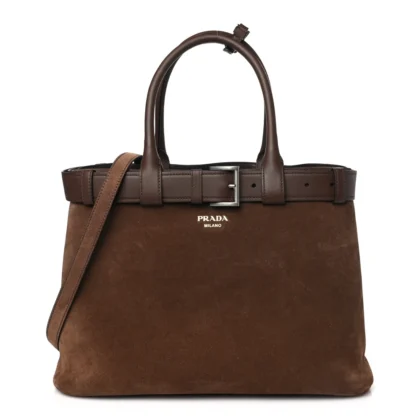 PRADA LARGE DOUBLE BELT TOTE CACAO SCAMOSCIATO SUEDE LEATHER