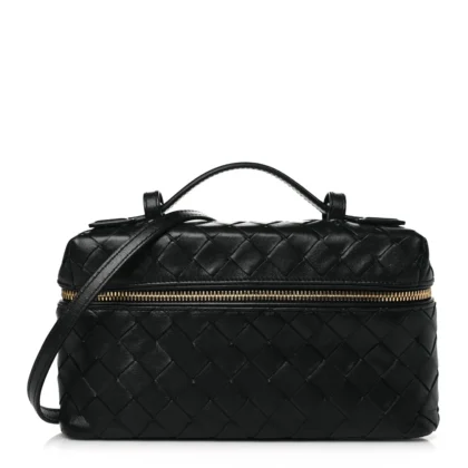 BOTTEGA VENETA MEDIUM INTRECCIATO BANG BANG VANITY CASE BLACK CALFSKIN LEATHER GOLD HARDWARE