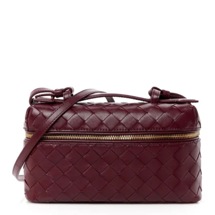 BOTTEGA VENETA INTRECCIATO BANG BANG VANITY CASE CHERRY NAPPA LEATHER GOLD HARDWARE