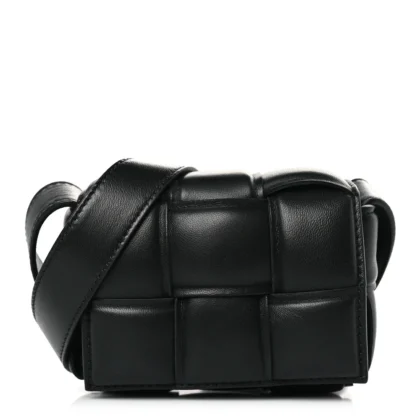 BOTTEGA VENETA MAXI INTRECCIO PADDED MINI CANDY CASSETTE CROSSBODY BAG BLACK LAMBSKIN LEATHER