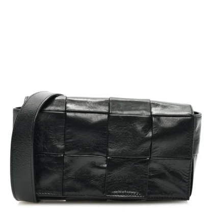 BOTTEGA VENETA SMALL INTRECCIO CASSETTE BELT BAG BLACK PAPER CALFSKIN LEATHER