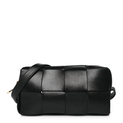 BOTTEGA VENETA MINI INTRECCIO CASSETTE PHONE POUCH CROSSBODY BAG BLACK LAMBSKIN LEATHER