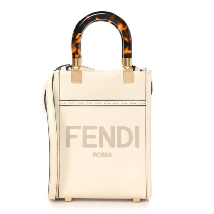 FENDI MINI LOGO EMBOSSED SUNSHINE SHOPPER TOTE WHITE ICE KING VITELLO LEATHER & PLEXIGLASS GOLD HARDWARE